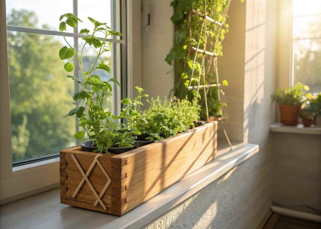 Indoor wooden planter box with mini trellis, small climbing herbs, sunny windowsill, cozy indoor setting, realistic style.