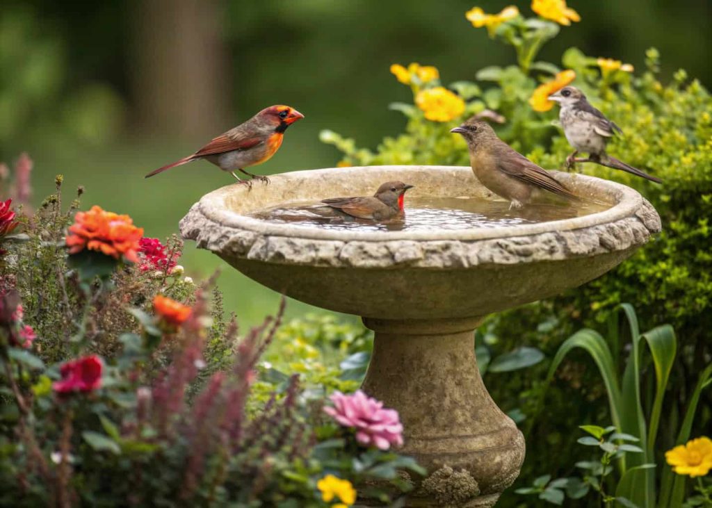 A carved stone bird bath surrounded by flowering plants with birds enjoying the water.