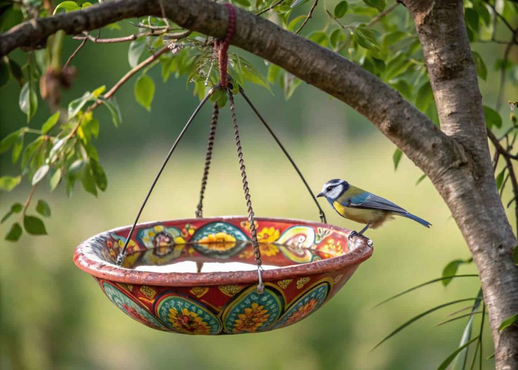 A colorful hanging ceramic bird bath suspended from a tree branch with a small bird drinking.