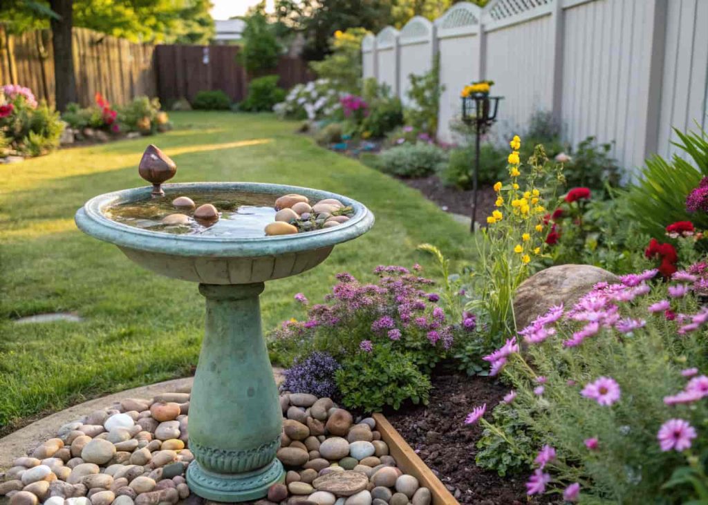A DIY bird bath made from a painted basin with pebbles, placed in a small backyard garden with flowers around it.