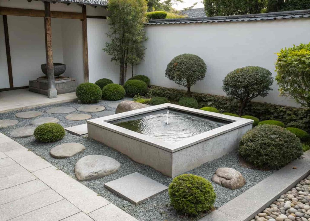 A modern, square-shaped bird bath with a reflective water surface in a minimalist garden setting.