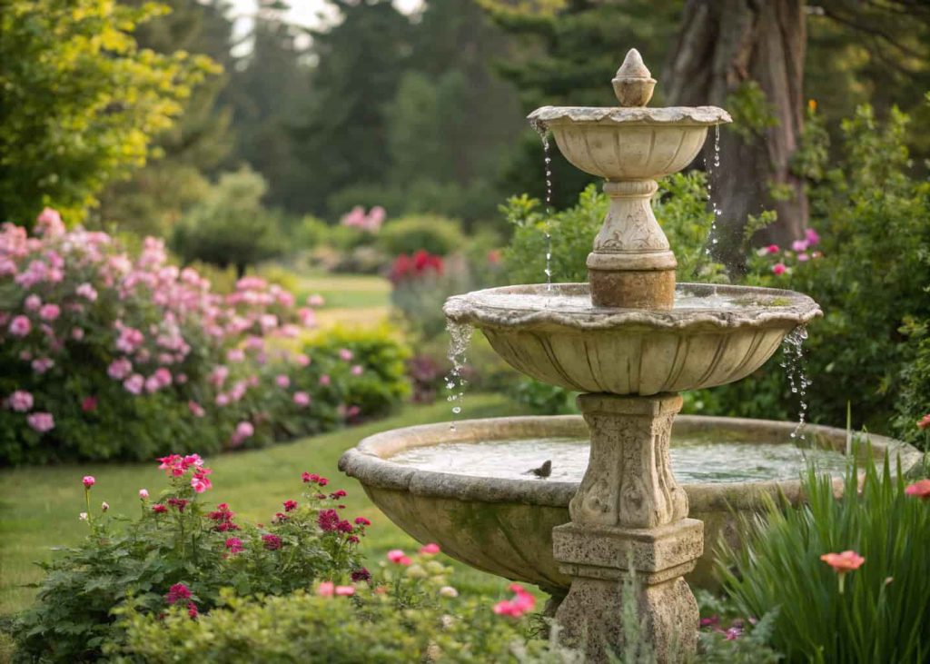 A three-tiered stone bird bath with a gentle water fountain in a lush garden surrounded by flowers and greenery.