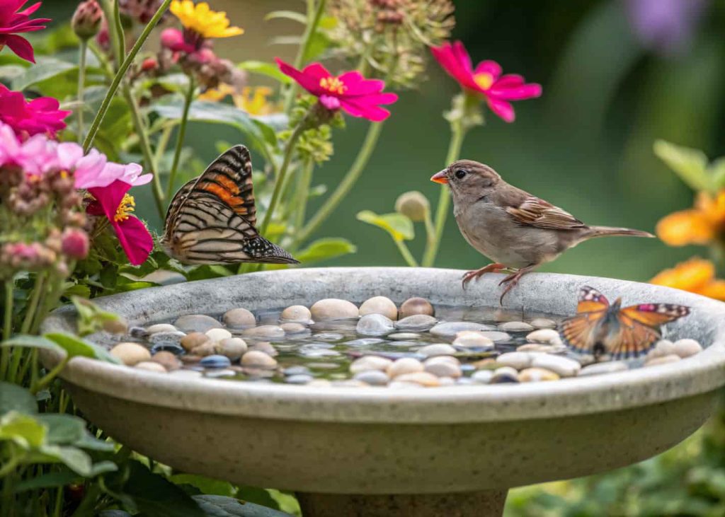 A rustic wooden bird bath on a tree stump in a garden with wildflowers and birds nearby.