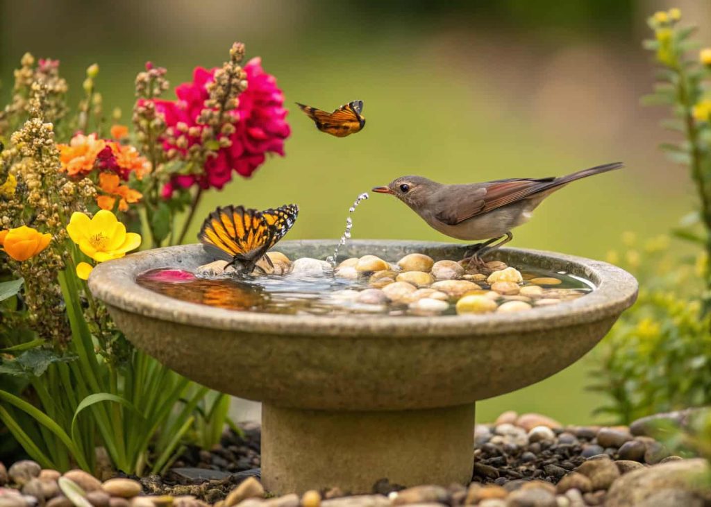 A shallow bird bath with pebbles surrounded by flowering plants, with a bird drinking and butterflies nearby.