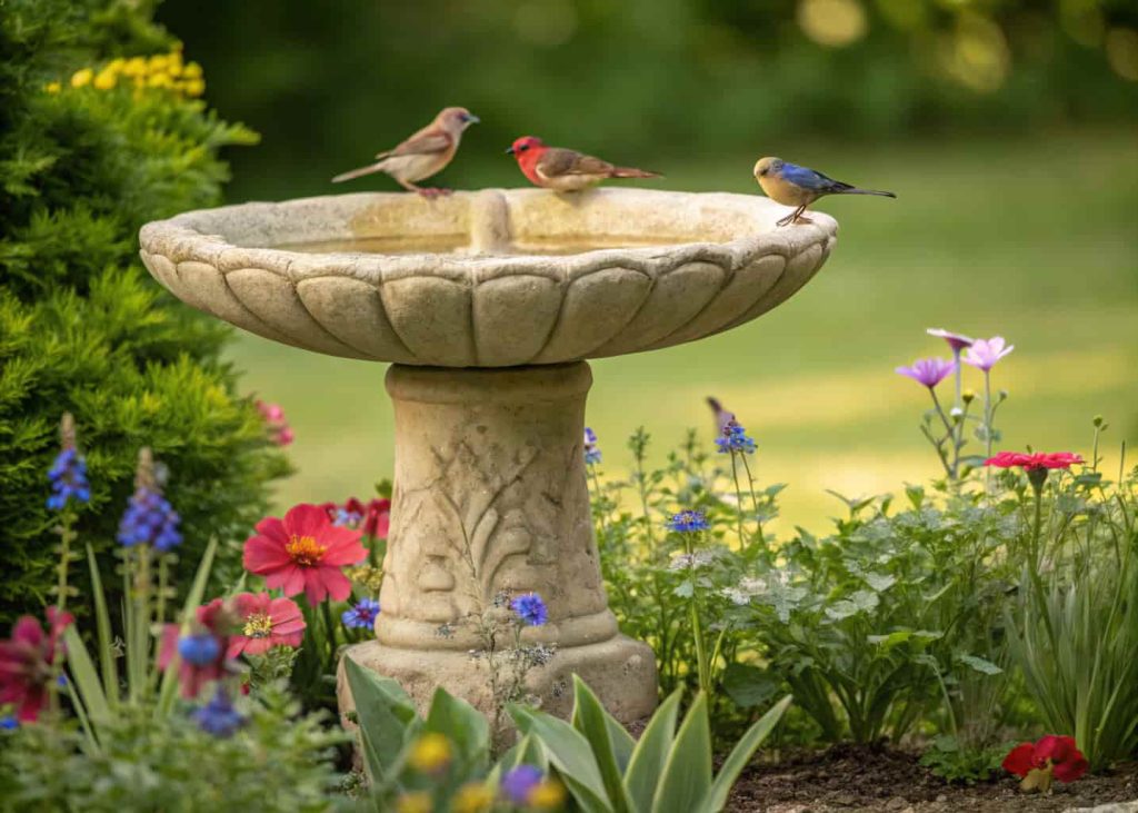 An artistic concrete bird bath shaped like a flower in a landscaped garden with small birds around it.