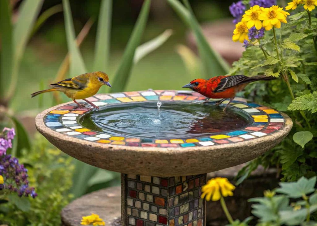 A colorful mosaic tile bird bath with birds drinking, surrounded by leafy plants in a backyard garden.