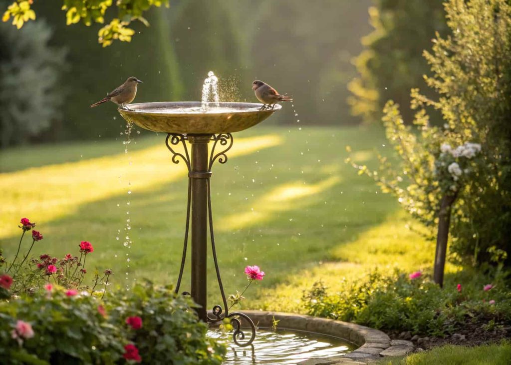 A bird bath on a tall metal stand in a sunny garden with small birds perched on the edges.