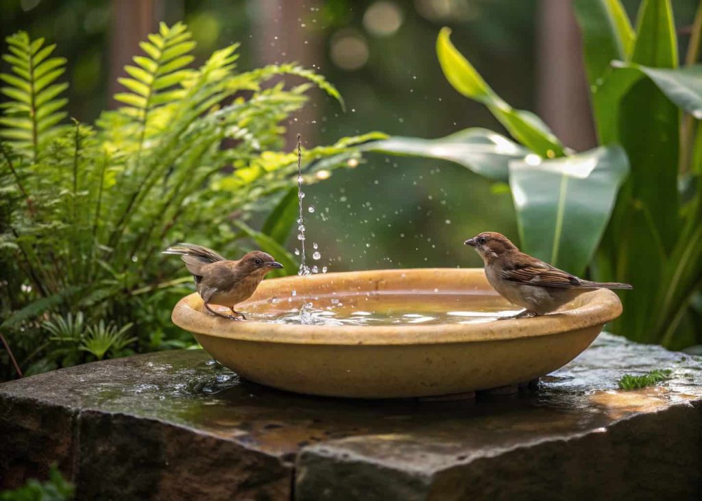 A shallow ceramic dish bird bath on a stone slab with small birds splashing in water, surrounded by green plants.