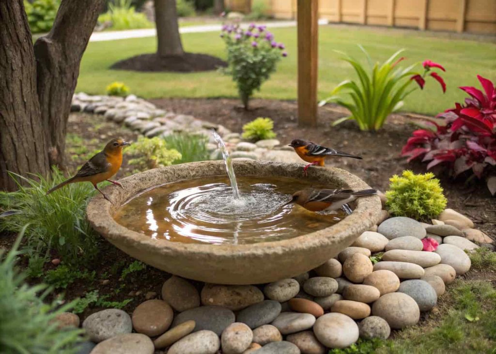 A natural bird bath with stones, plants, and birds drinking, in a backyard designed for wildlife.