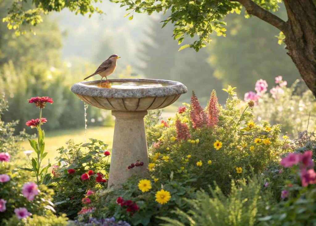 A bird bath surrounded by vibrant seasonal flowers, with a bird drinking water in a sunny garden.