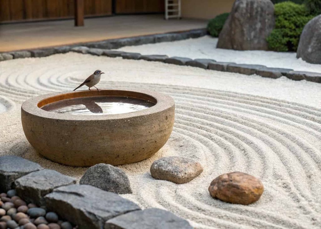 A simple Zen-style bird bath in a sand and stone garden with a small bird perched nearby.