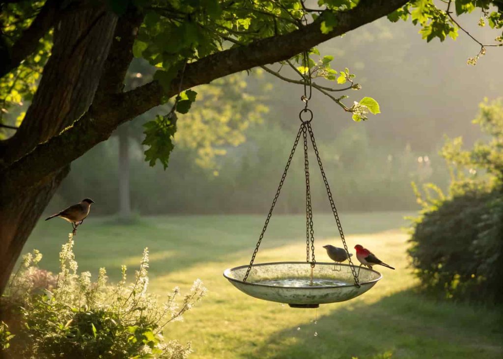 A hanging glass bird bath suspended from a tree branch with birds आसपास, soft sunlight, peaceful garden scene