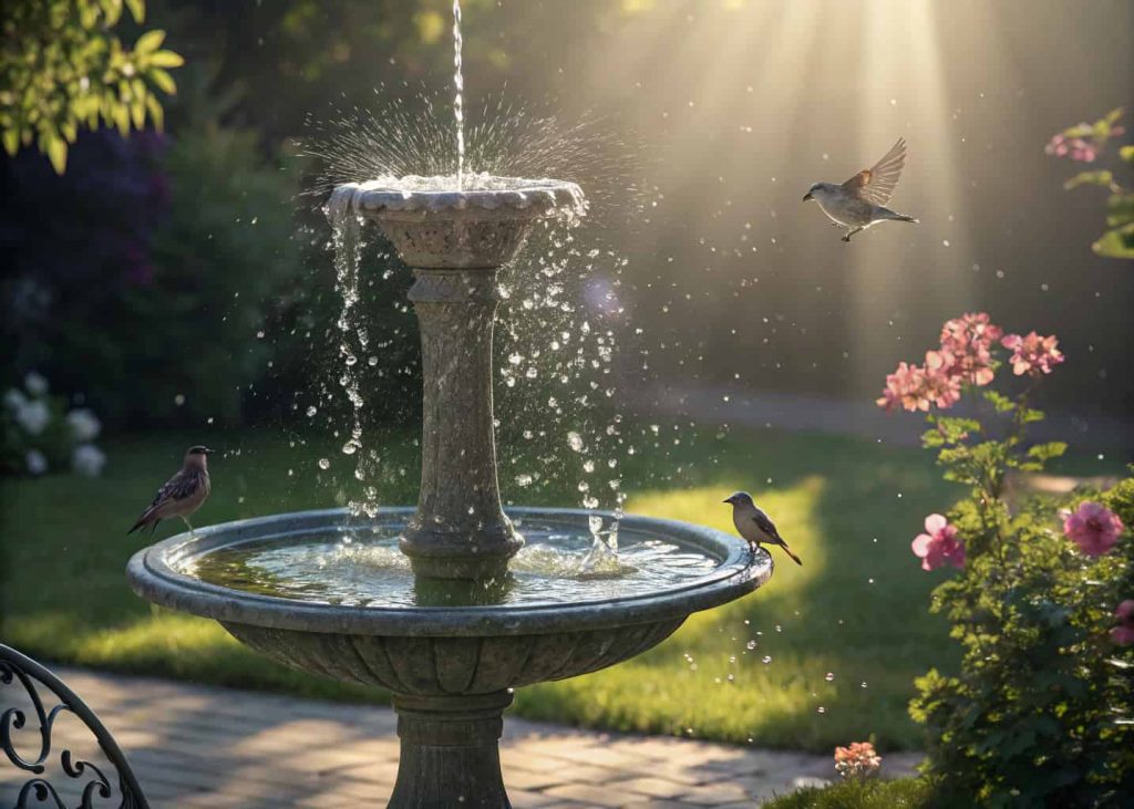 A bird bath with a solar-powered fountain spraying water, sunlight reflection, birds flying nearby