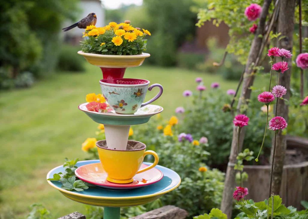 A colorful DIY teacup bird bath made from stacked cups and plates in a garden setting