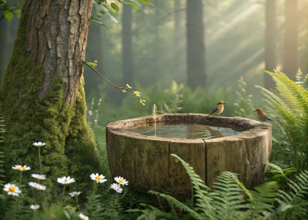 A wooden log bird bath in a forest-style garden with greenery and soft natural light