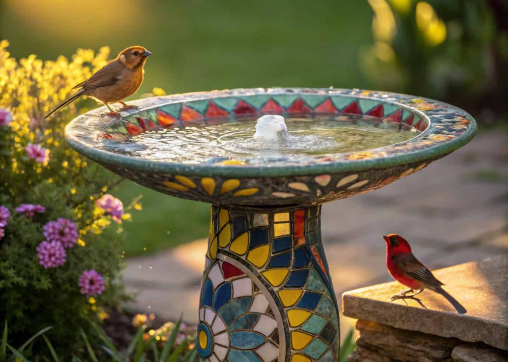 A colorful mosaic bird bath shining in sunlight with vibrant glass patterns and birds nearby