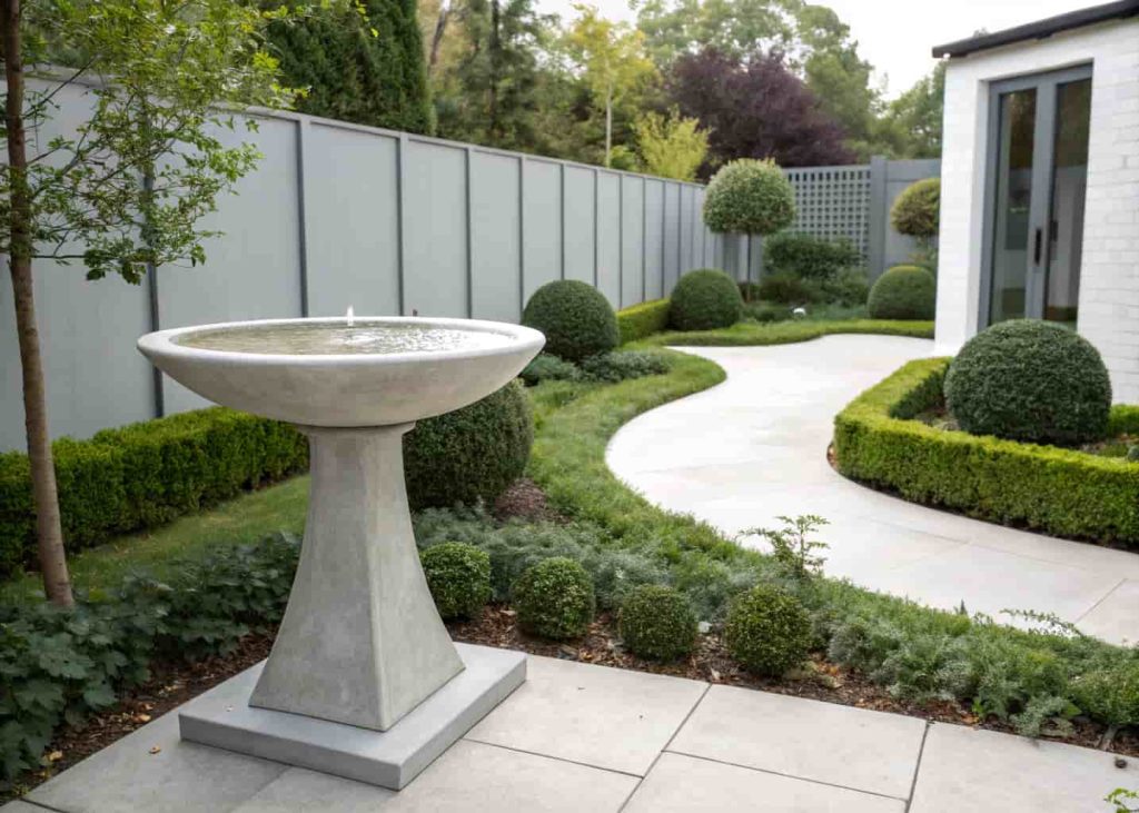 A sleek concrete bird bath in a modern garden with clean lines and minimal decor