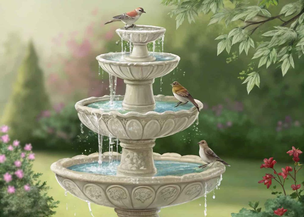 A multi-level tiered bird bath with flowing water and birds perched on different levels