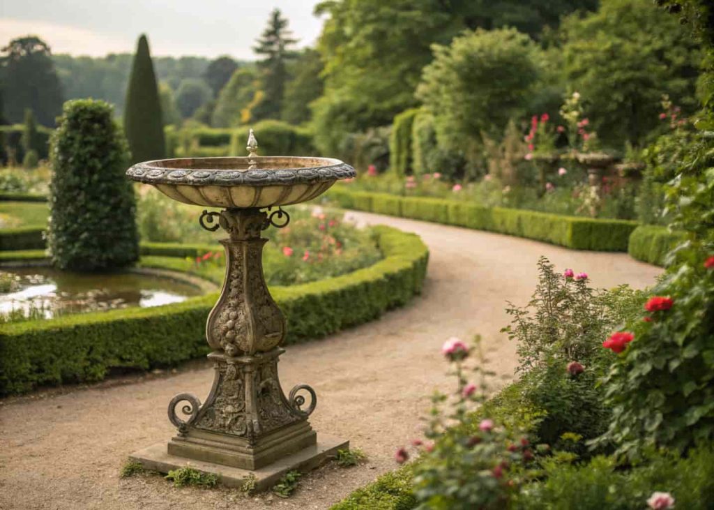 A vintage metal bird bath with intricate details in a classic garden setting