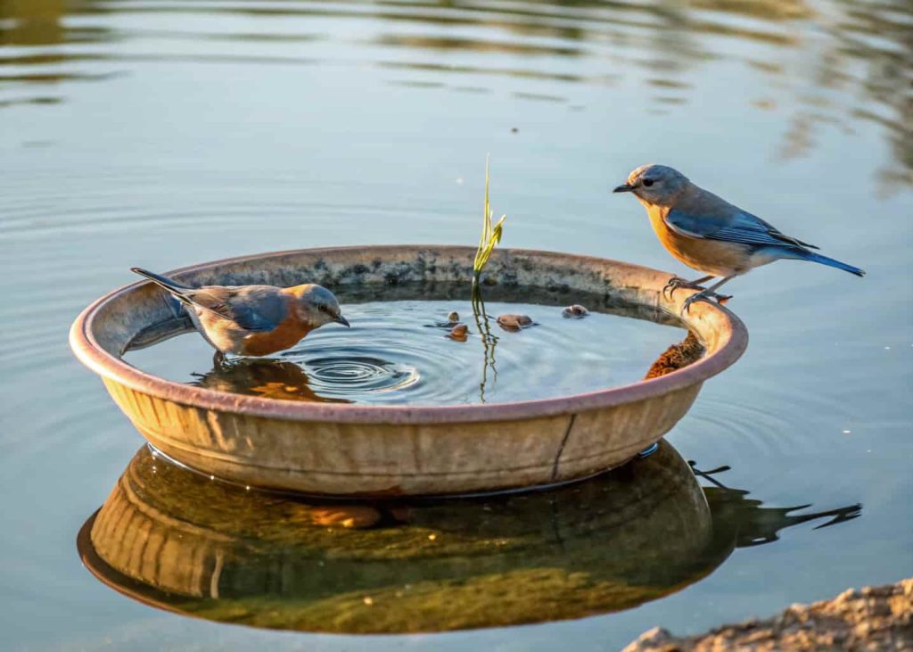 A floating bird bath bowl on a pond with reflections and birds drinking water