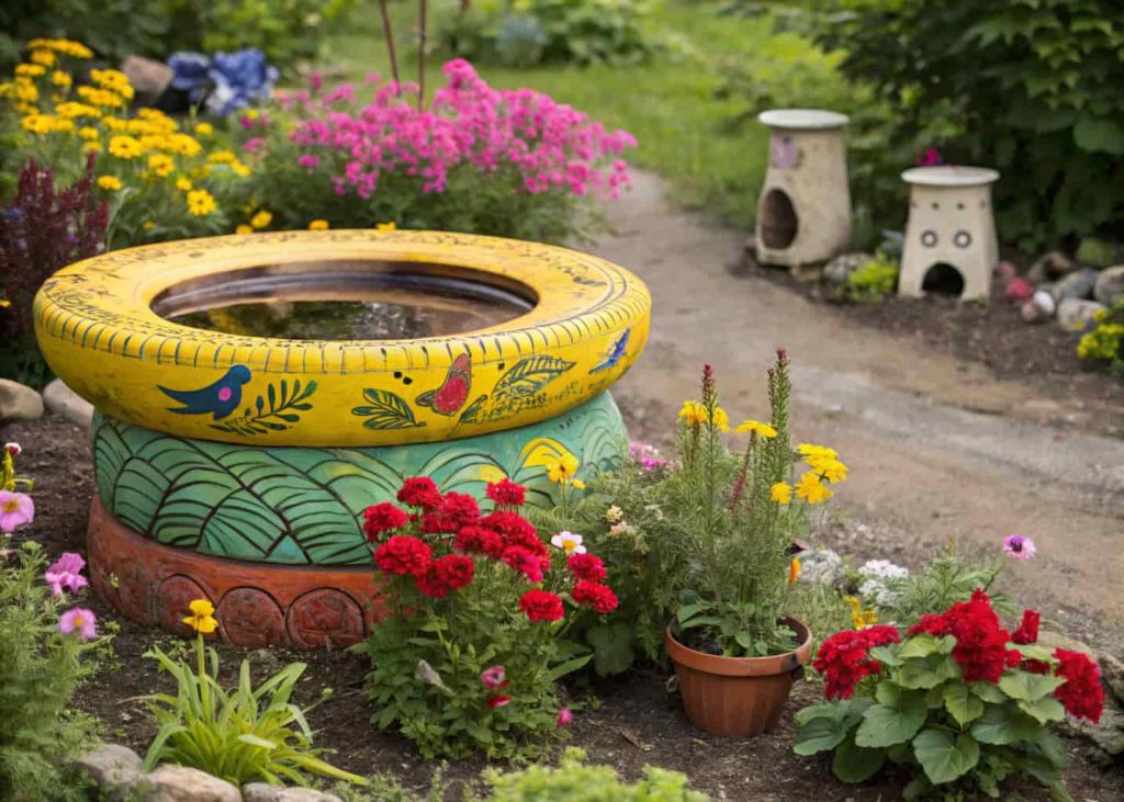 A painted recycled tire bird bath in a colorful garden with creative design