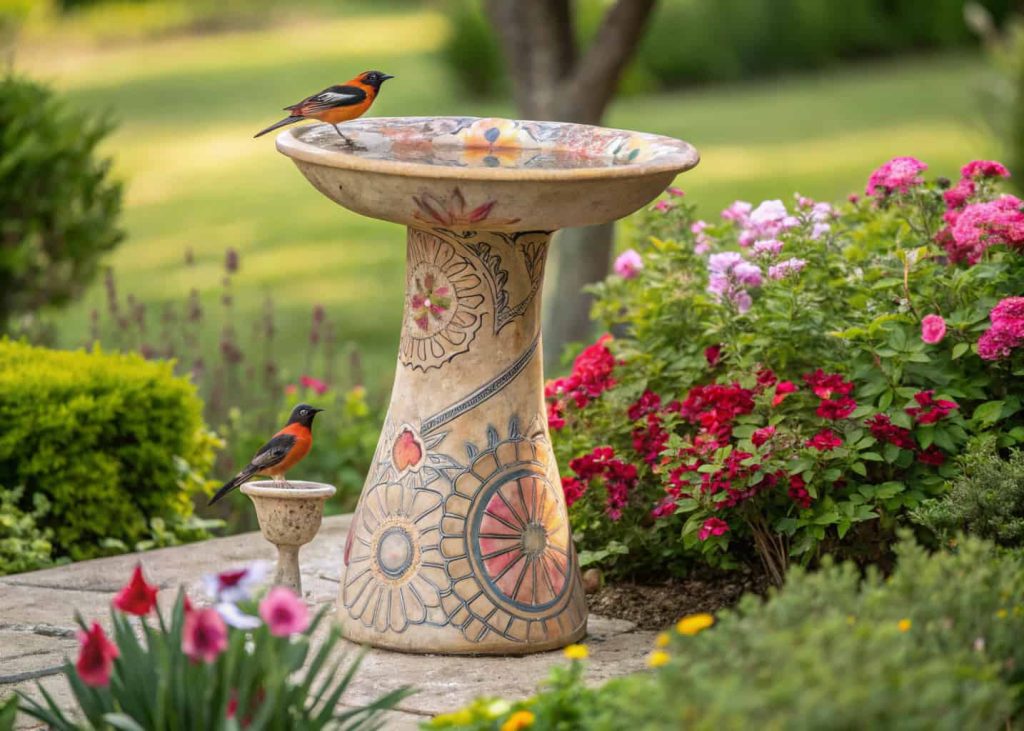 A decorative ceramic bird bath with artistic patterns placed in a flower garden