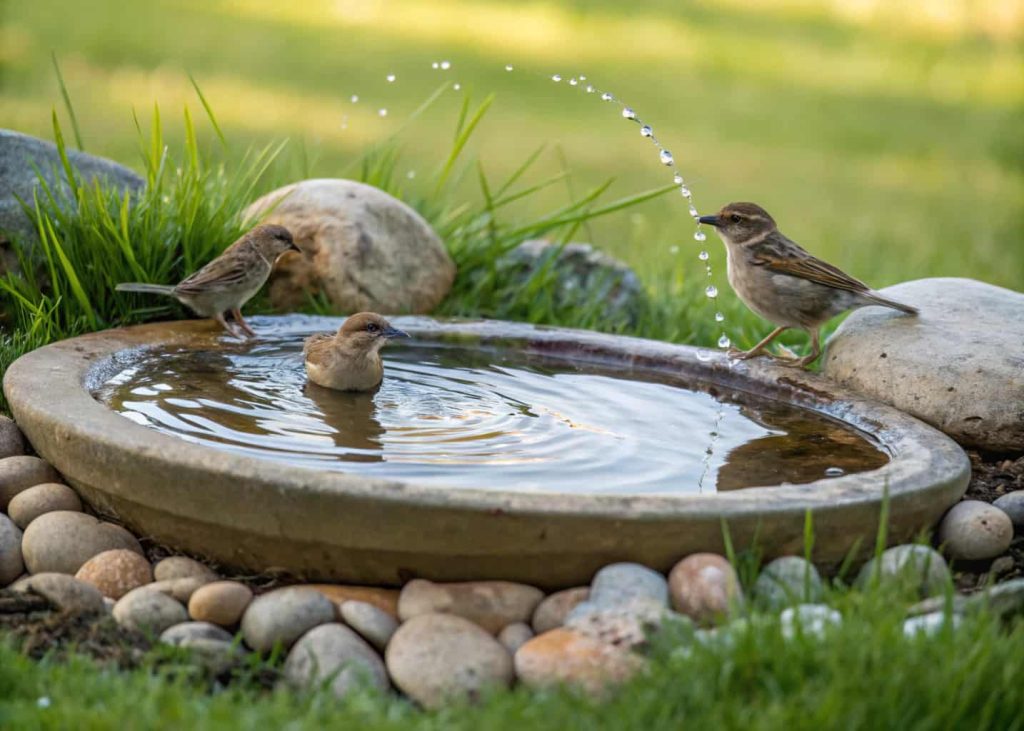 A natural ground-level bird bath surrounded by stones, grass, and small birds drinking water