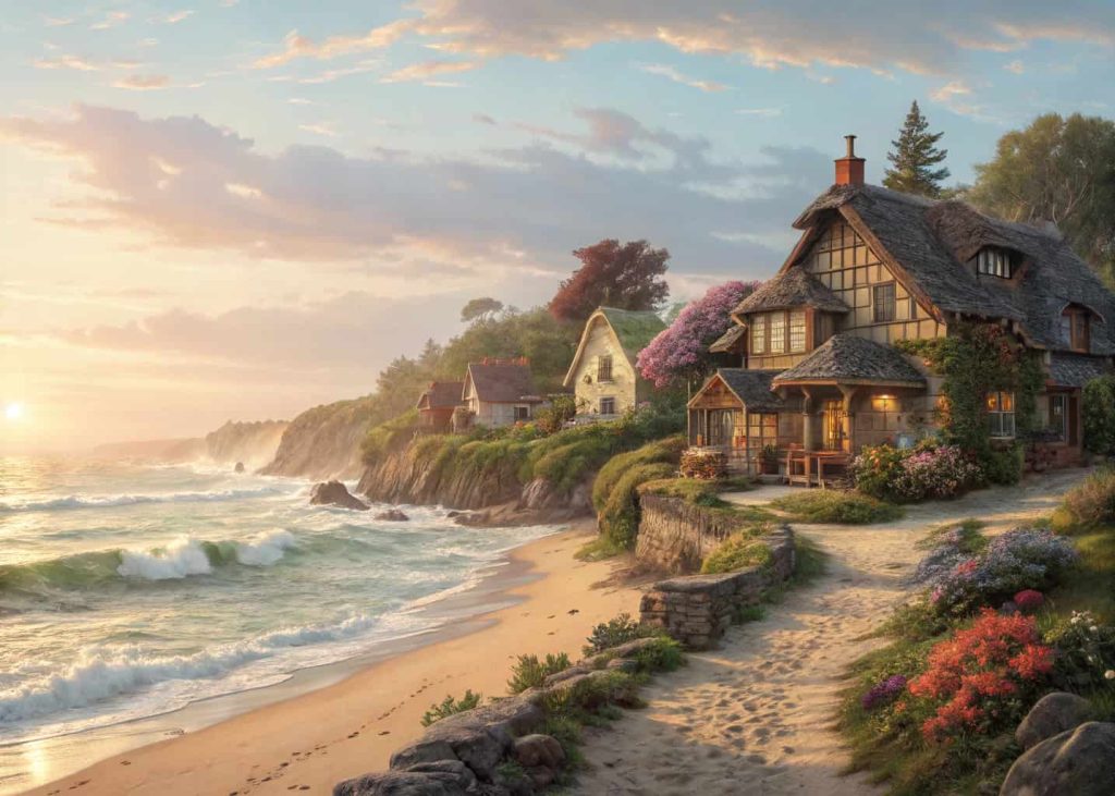 A coastal fairy tale town with cottage houses, ocean waves, sandy beach, and soft golden sunlight