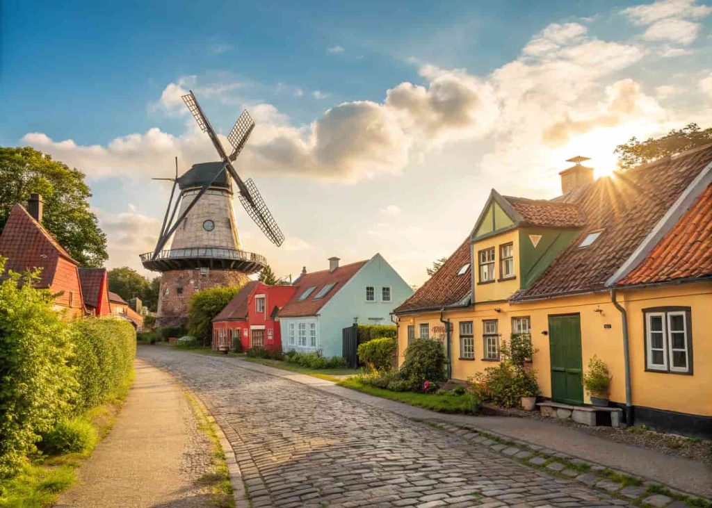 A Danish village with windmills, colorful European houses, cobblestone streets, and bright sunny skies