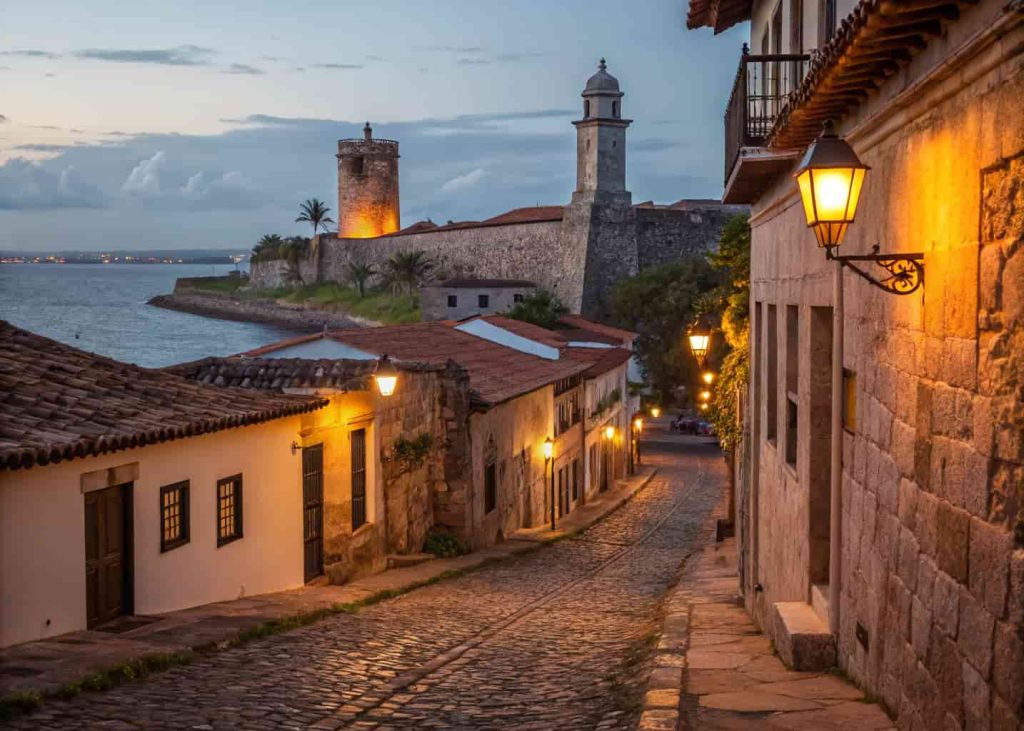 Historic town with cobblestone streets, Spanish-style buildings, lantern lights, and an old fort near the sea