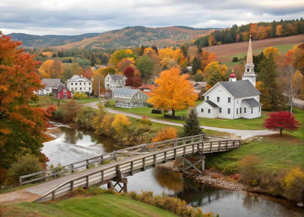 A small New England town with wooden bridge, colorful autumn trees, cozy houses, and peaceful countryside