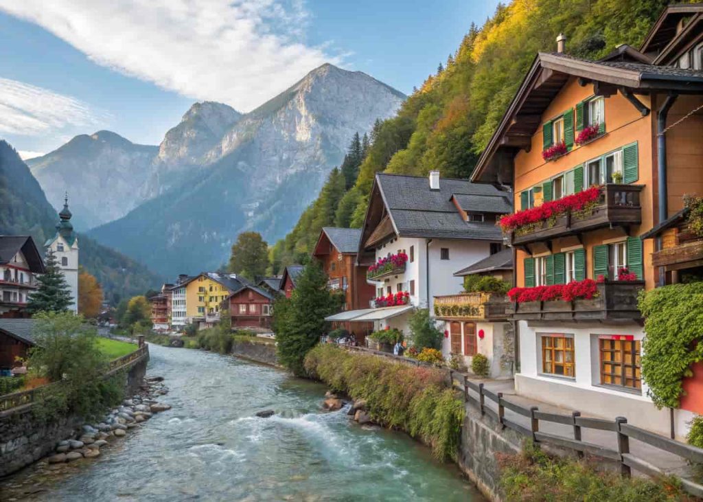 Alpine-style village in mountains with colorful houses, river flowing through town, and festive decorations