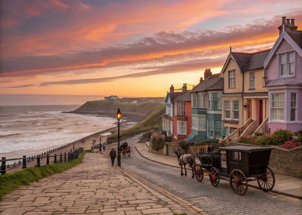 Victorian seaside town with colorful houses, horse carriage, ocean view, and sunset sky