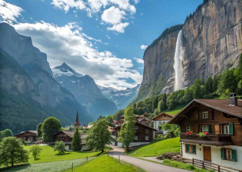 Mountain town surrounded by tall peaks, waterfalls, wooden houses, and fresh green landscape