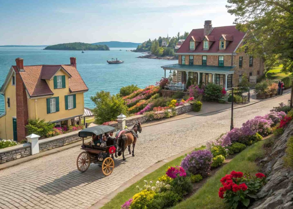 Island town with horse carriages, historic houses, blooming gardens, and blue water surroundings