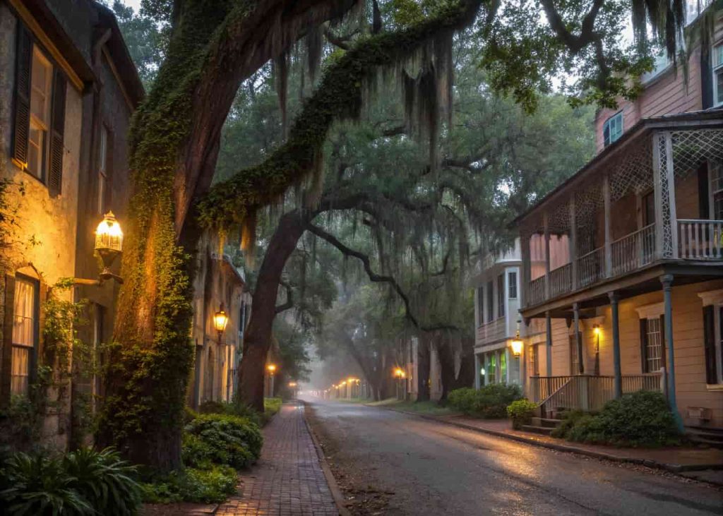 Historic southern town with moss-covered trees, old buildings, and soft glowing street lights