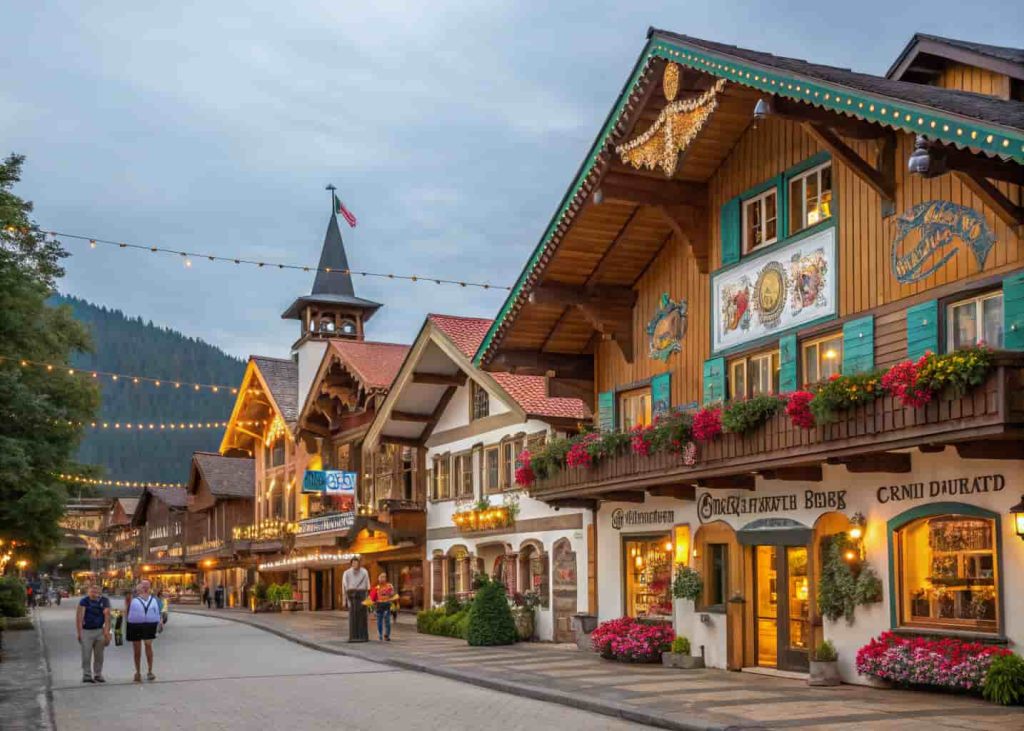 Bavarian-themed town with wooden buildings, bright colors, festive decorations, and cheerful streets