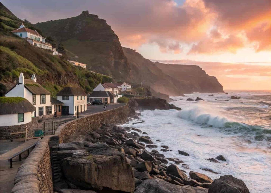 Coastal town with rocky shore, ocean waves, sunrise sky, and peaceful village houses