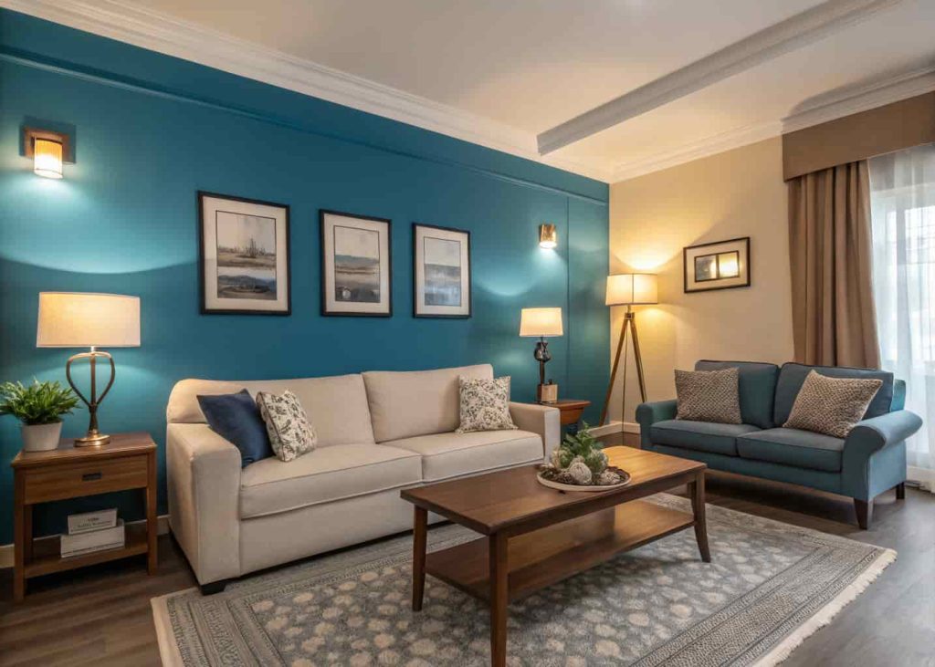 A cozy living room with a bold blue accent wall, modern furniture, and warm lighting.