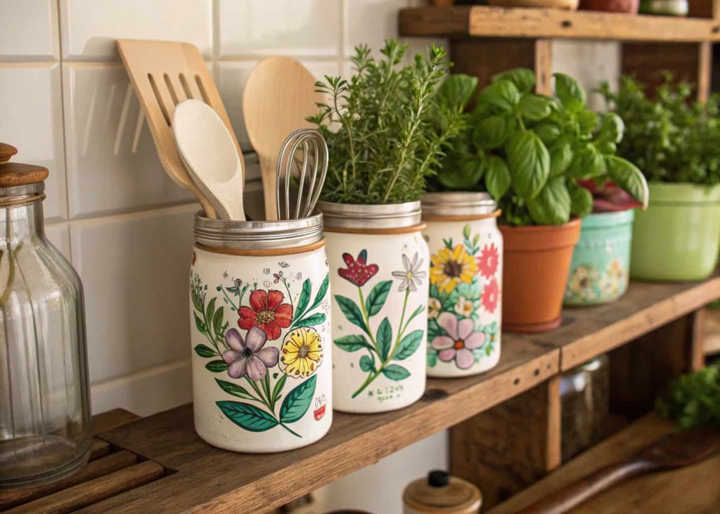 Painted mason jars on a wooden shelf, holding kitchen utensils and fresh herbs.