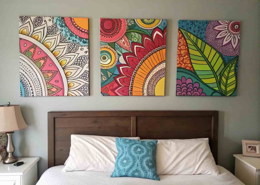 A bedroom wall with three colorful DIY abstract paintings above the bed.