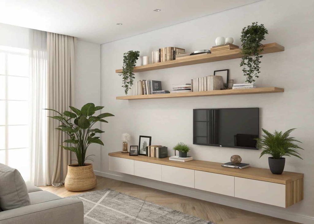 Minimalist living room with wooden floating shelves holding books and potted plants.