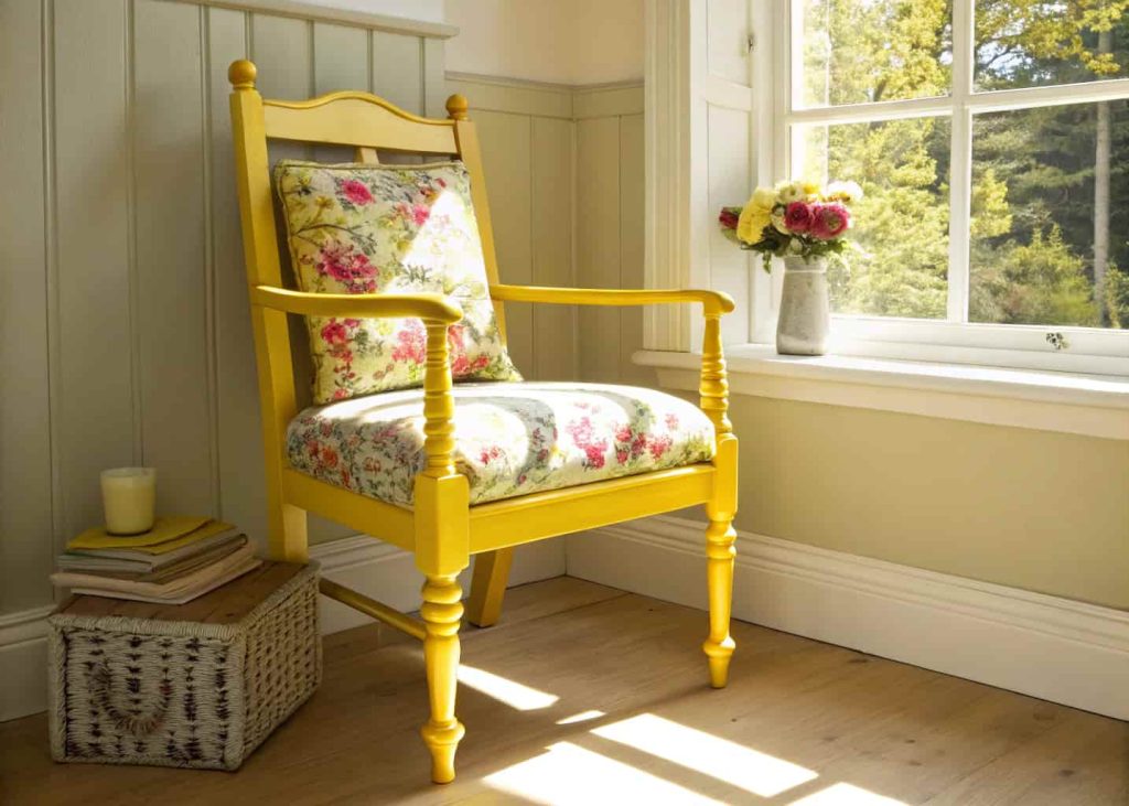 A refurbished wooden chair with bright paint and patterned fabric in a sunny corner.