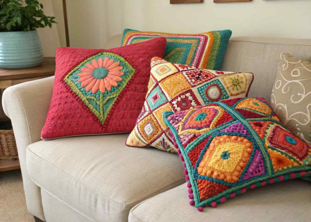 A sofa with a mix of colorful handmade throw pillows in different shapes.