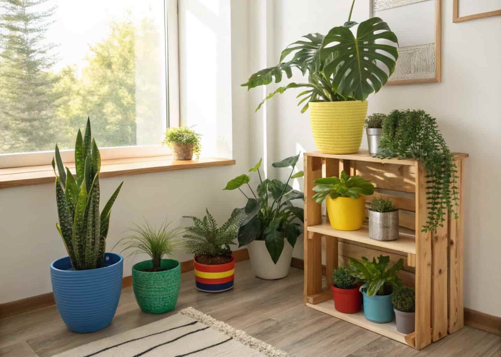 A bright living room corner with multiple indoor plants in colorful pots.