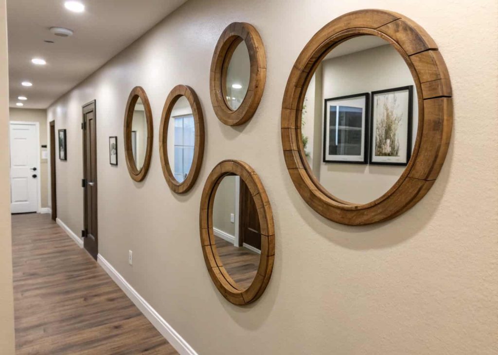 A hallway wall with a set of round DIY mirrors with wooden frames.