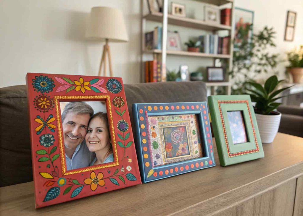 A living room shelf with colorful handmade photo frames holding family pictures.