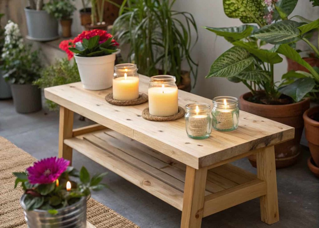 A wooden coffee table with handmade candles in jars, surrounded by plants.