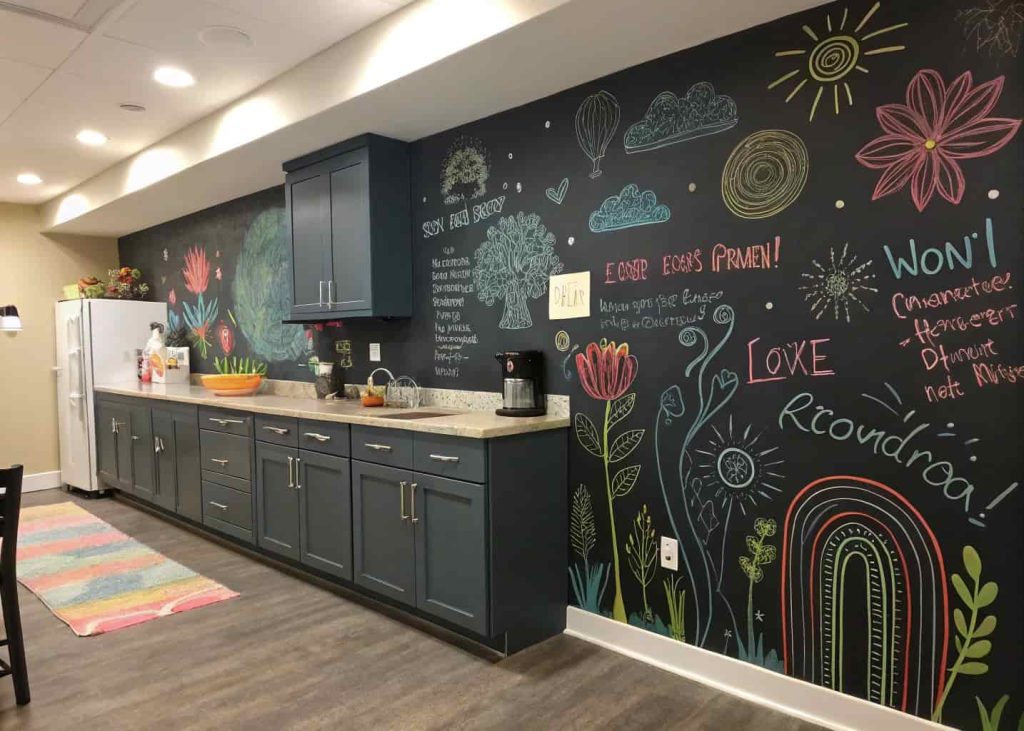A kitchen wall painted with chalkboard paint, decorated with colorful doodles and notes.