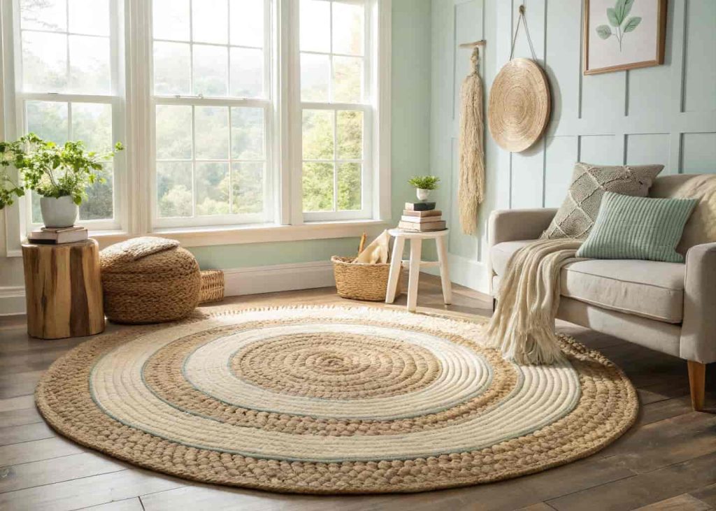A bright living room with a round braided DIY rug in the center.